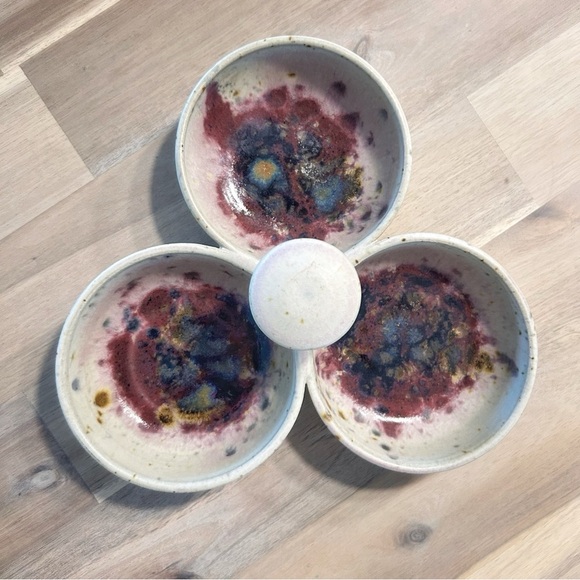 Handmade Studio Pottery Triple Bowl Dish – Abstract Glaze, Unique Serveware - Picture 6 of 12